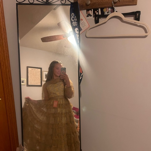 Ivy City Co Yellow and Cream Sleeveless High Neck Gown - Picture 2 of 4